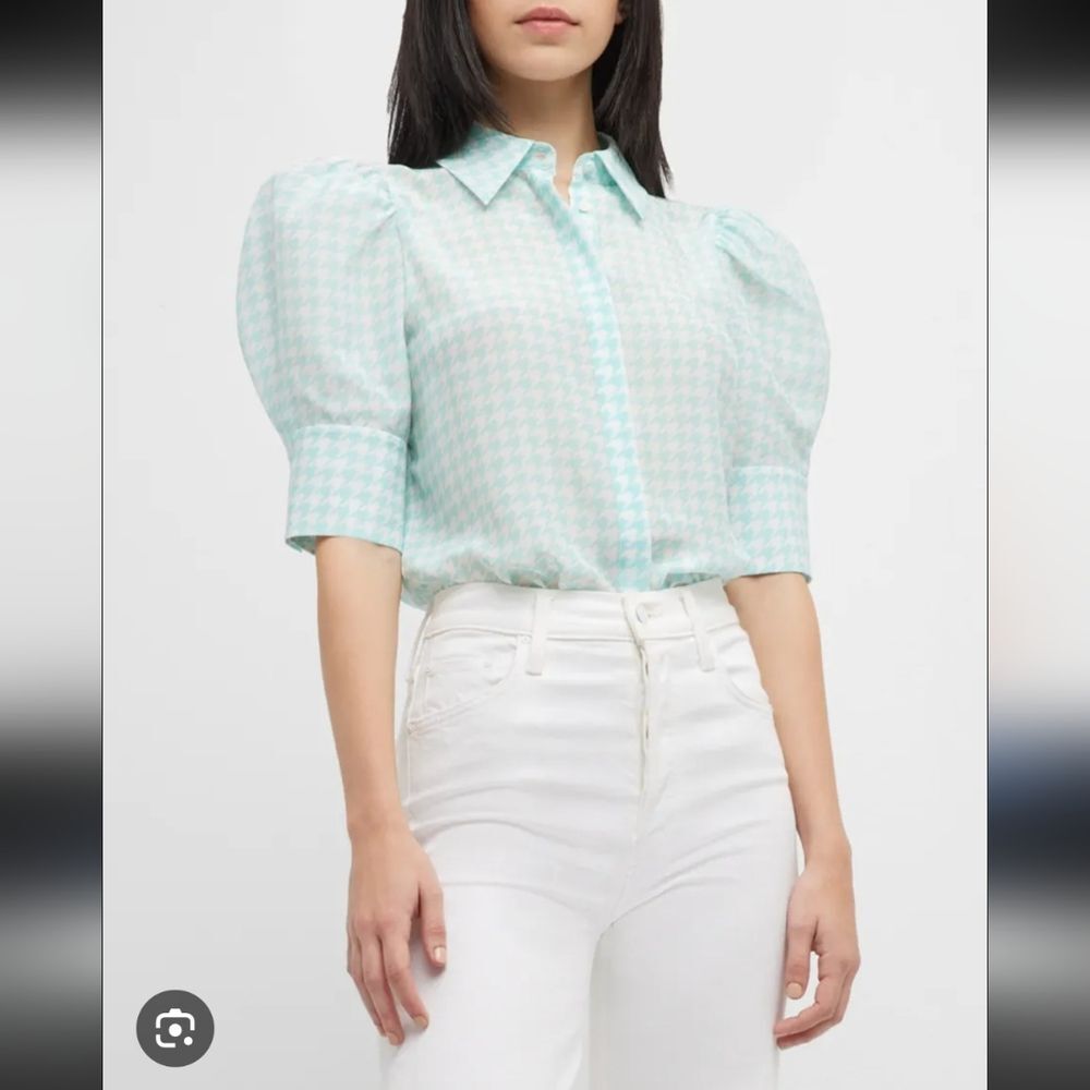 ALICE + OLIVIA 100% Silk Houndstooth Willa Scrunch Puff-Sleeve Placket Top XS